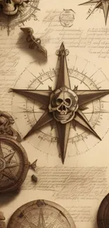 Vintage nautical wallpaper with skull and compass design, perfect for phones.