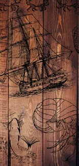 Vintage nautical theme on wood background with ship illustrations.