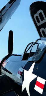 Vintage navy fighter airplane against a bright blue sky.