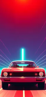 Retro car with neon lights in a vibrant scene.