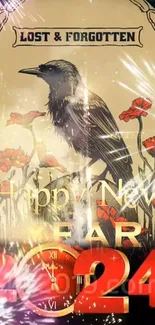 Vintage New Year wallpaper with crow, poppies, and fireworks for 2024.