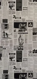 Vintage newspaper wallpaper with various clippings and ads in black and white.