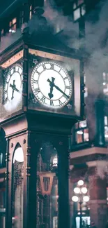 Vintage clock tower illuminated in a misty, urban night scene.