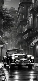 Vintage car under streetlights in a classic cityscape.