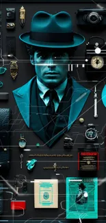 Vintage noir aesthetic wallpaper with teal accents.