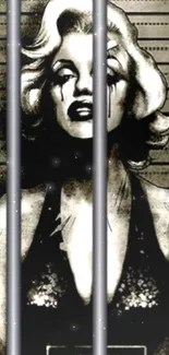 Vintage noir-styled mugshot wallpaper behind bars.