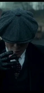 Person in dark vintage attire smoking, creating a mysterious noir vibe.