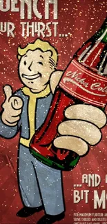 Vintage Nuka-Cola poster with a bottle and cartoon character.