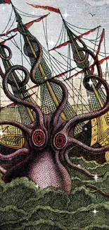 Vintage illustration of an octopus attacking a ship with intricate details.