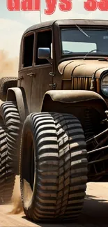 Vintage off-road vehicle on dusty trail with large tires and rugged build.