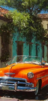 Orange classic car parked on a scenic sunlit street.