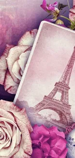 Vintage Eiffel Tower with floral roses and purple tones for mobile wallpaper.