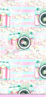 Vintage pastel camera and floral pattern wallpaper.