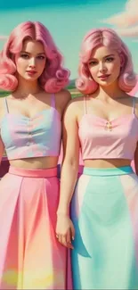 Stylish twins with pink hair and pastel outfits in a scenic retro setting.