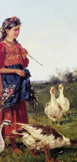 Vintage pastoral scene with girl and ducks in a serene landscape.