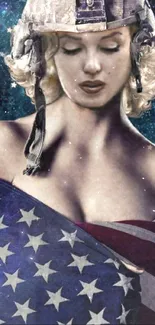 A vintage styled woman in helmet with an American flag against a starry backdrop.