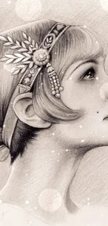 Vintage pencil sketch of a woman in profile with ornate headband.