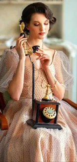 Woman with vintage rotary phone in elegant dress.