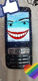 Vintage phone with digital art and colorful decorations.