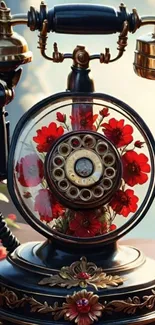 An artistic vintage phone with red flowers adorning the design.