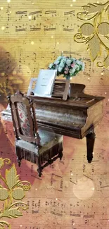 Vintage piano with floral and musical notes background wallpaper.