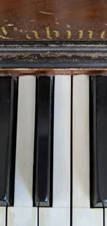 Vintage piano keys with rustic charm and elegant design in dark brown hues.