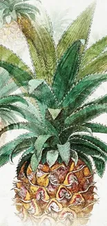 Vintage pineapple wallpaper with green leaves on a textured white background.