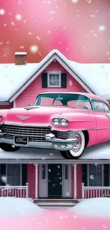Vintage pink Cadillac on snowy house background.