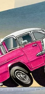 Stylized pink vintage car on a colorful retro background.