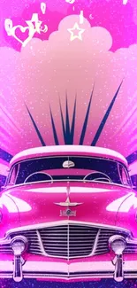 Vintage pink car with geometric art background.