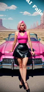 Woman in front of pink vintage car in desert.