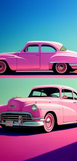 Mobile wallpaper with vintage pink cars against a vibrant sky.