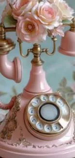 Vintage pink rotary telephone with floral accents.