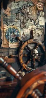 Vintage pirate map with ship wheel