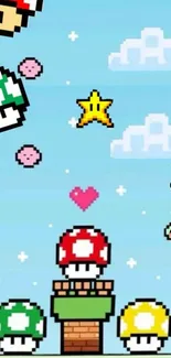 Colorful pixel art wallpaper featuring retro gaming elements.