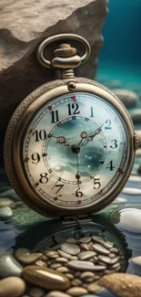 Vintage pocket watch with rocks and water reflection.