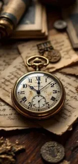 Vintage pocket watch on old letters with medals, evoking historical nostalgia.