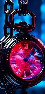 A glowing red and blue vintage pocket watch on a chain.