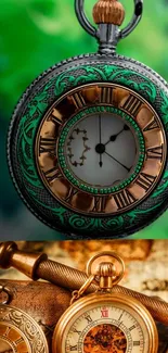 Vintage pocket watch with green and bronze design for mobile wallpaper.