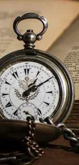 Vintage pocket watch resting on an open book with intricate details.