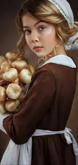 Vintage portrait of a young girl holding garlic in traditional attire.