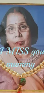 Vintage photo with pearls and heartfelt text, "I MISS you mummy."