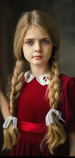 Vintage portrait of a girl in a red dress with braids, perfect wallpaper.