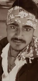 Sepia-toned portrait of a man wearing a floral bandana.