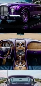 Vintage purple luxury car with opulent interior design.