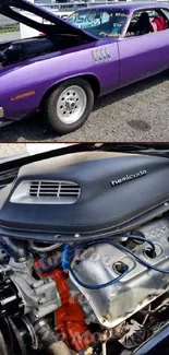 Vintage purple muscle car with exposed engine in detailed view.