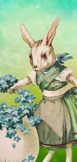 Vintage rabbit holding blue flowers with a green gradient background.