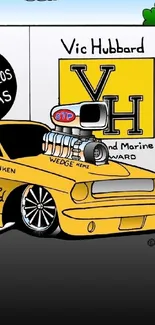 Cartoon-style illustration of a yellow classic muscle race car.