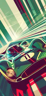 Stylized vintage race car with dynamic lines and vibrant colors.