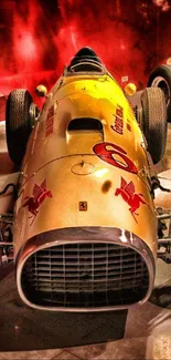 Vintage race car set against a vibrant red backdrop.